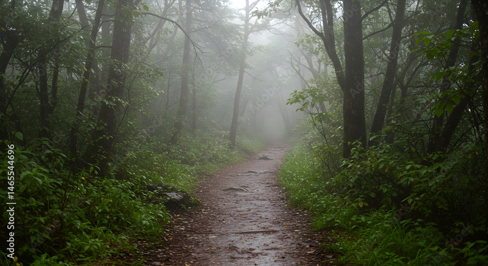 Fototapeta premium Path Through Misty Woods Offers Tranquility And Natural Beauty