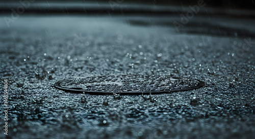 City Storm Drain During A Heavy Rainfall With Water Droplets Everywhere
