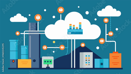 A digital factory with massive clouds of binary code hovering over the assembly line as data is processed to efficiently produce goods.. Vector illustration
