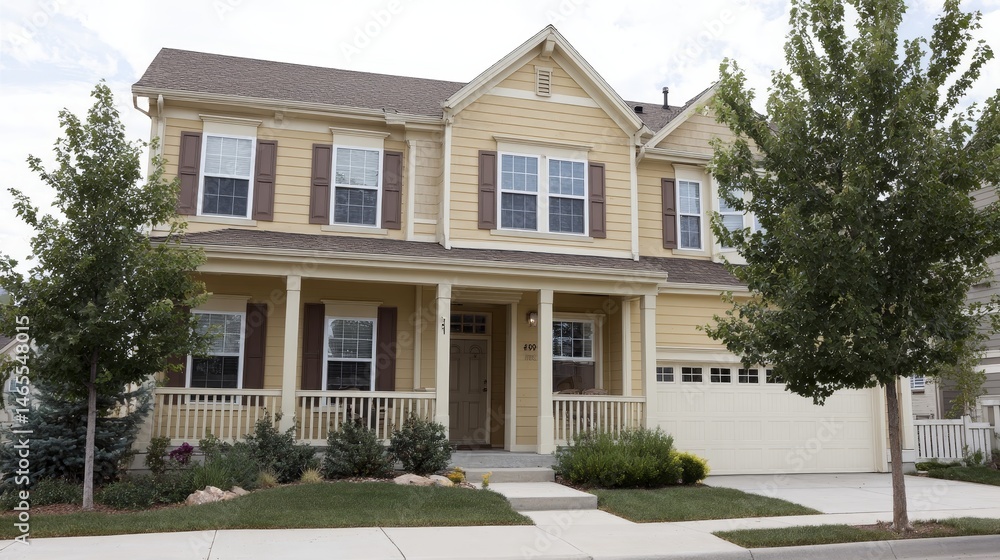 Fototapeta premium Simple and inviting modern suburban house featuring clean edges and minimal landscaping, ideal for showcasing architectural design concepts