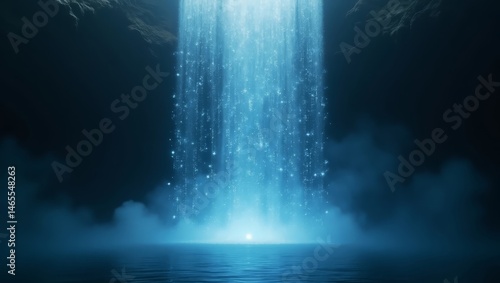 Fototapeta Naklejka Na Ścianę i Meble -  Glowing Data Cascade in Cyber Landscape – Great for Software and Cloud Platform Concepts