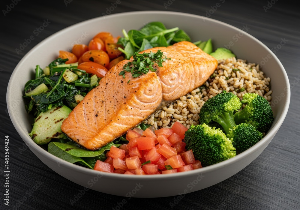 Salmon bowl with brown rice and vegetables in a ceramic bowl, healthy eating Salmon bowl with brown rice and vegetables in a ceramic bowl, healthy eating