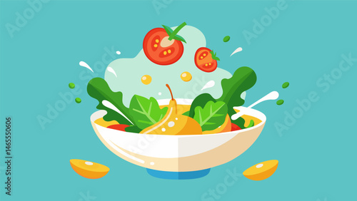 A splash of olive oil is drizzled over the salad giving it a shiny and glossy appearance.. Vector illustration