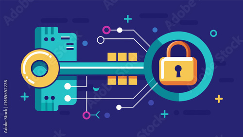 A digital key fitting perfectly into a digital lock sealing off a flood of confidential data.. Vector illustration