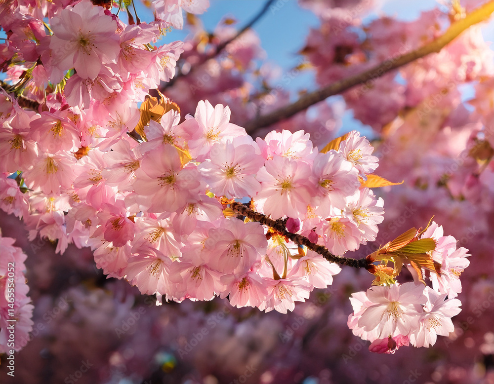 Fototapeta premium blossom an array of pink cherry blossoms in full bloom bathed in soft sunlight