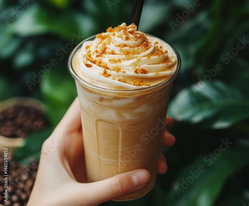A person is holding a glass of a beverage with a straw in it. The beverage is a milkshake with whipped cream and sprinkles on top