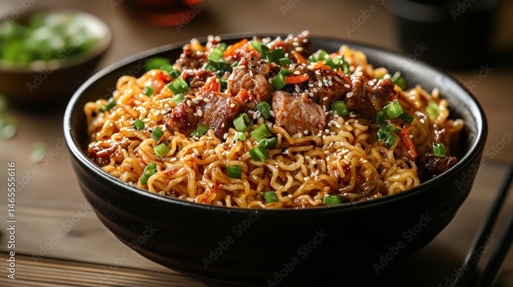 Delicious Asian stir-fried instant ramen noodles with beef and vegetables served in a black bowl for a flavorful quick meal Delicious Asian stir-fried instant ramen noodles with beef and vegetables served in a black bowl for a flavorful quick meal