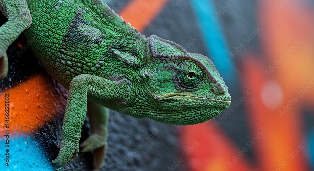 Obraz premium Green chameleon on colorful graffiti background displaying unique patterns