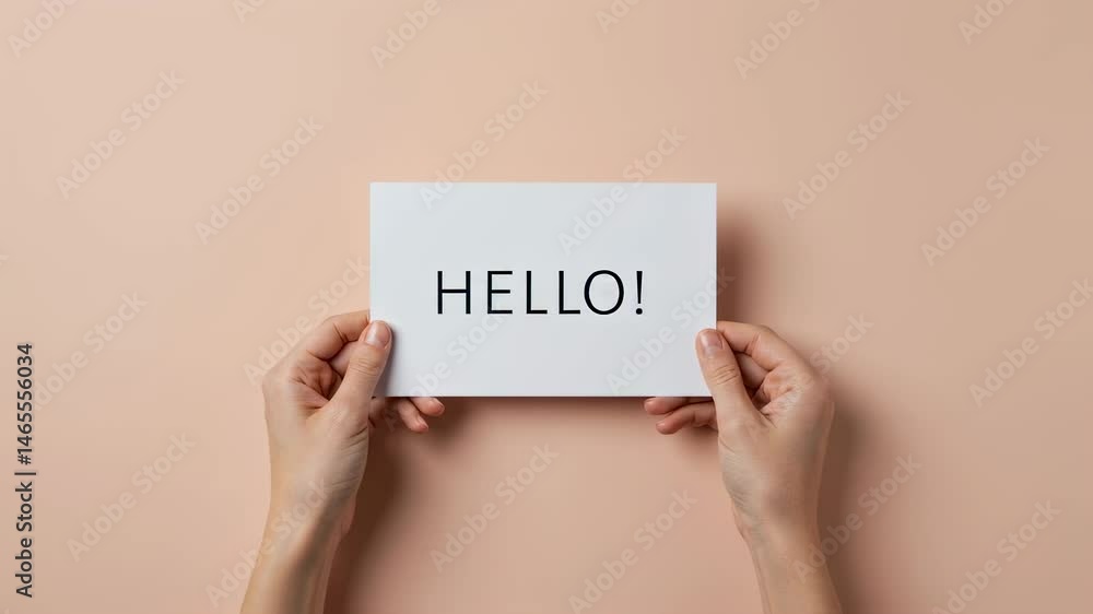 Woman holds white sign with hello for greeting card. Concept of modern greetings. Communication with sign for friend party invitation to say hi and welcome. Woman holds white sign with hello for greeting card. Concept of modern greetings. Communication with sign for friend party invitation to say hi and welcome.