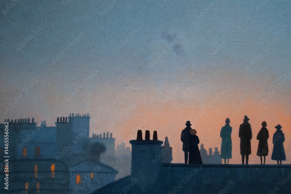 Fototapeta premium Silhouettes Against the Dawn: A Quiet Murmur of the Awakening City