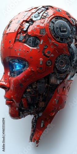 Wallpaper Mural Complex Metallic Red Humanoid Robot Head with Glowing Blue Eye, Detailed Internal Machinery and Futuristic Appearance Isolated Torontodigital.ca