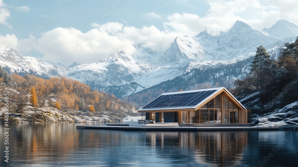 Fototapeta premium Eco-Friendly House on a Lake with Mountain View in Winter