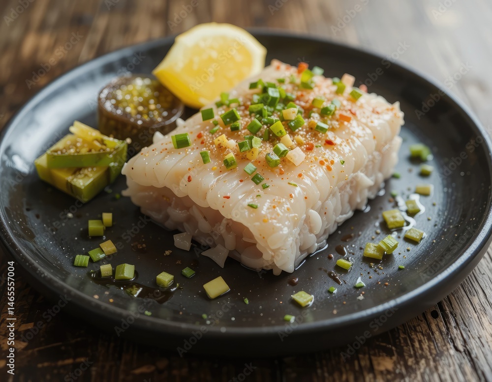 Serving of Cod Fish with Lemon and Green Onion on Plate