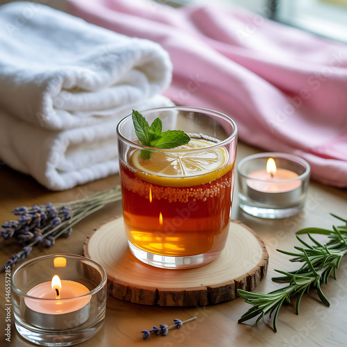 refreshing glass of kombucha sitting on a wooden spa table