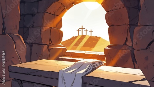 The Stone Tomb Interior with a Cross Framed by an Arched Opening