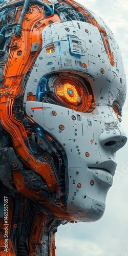 Wallpaper Mural Detailed Close-Up of Futuristic Bionic Head with Glowing Eye and Intricate Mechanical Wiring System, Robot Concept Torontodigital.ca