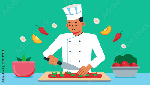 A chef slicing and dicing fresh red onions jalapenos and cilantro to create a y and flavorful chimichurri sauce.. Vector illustration