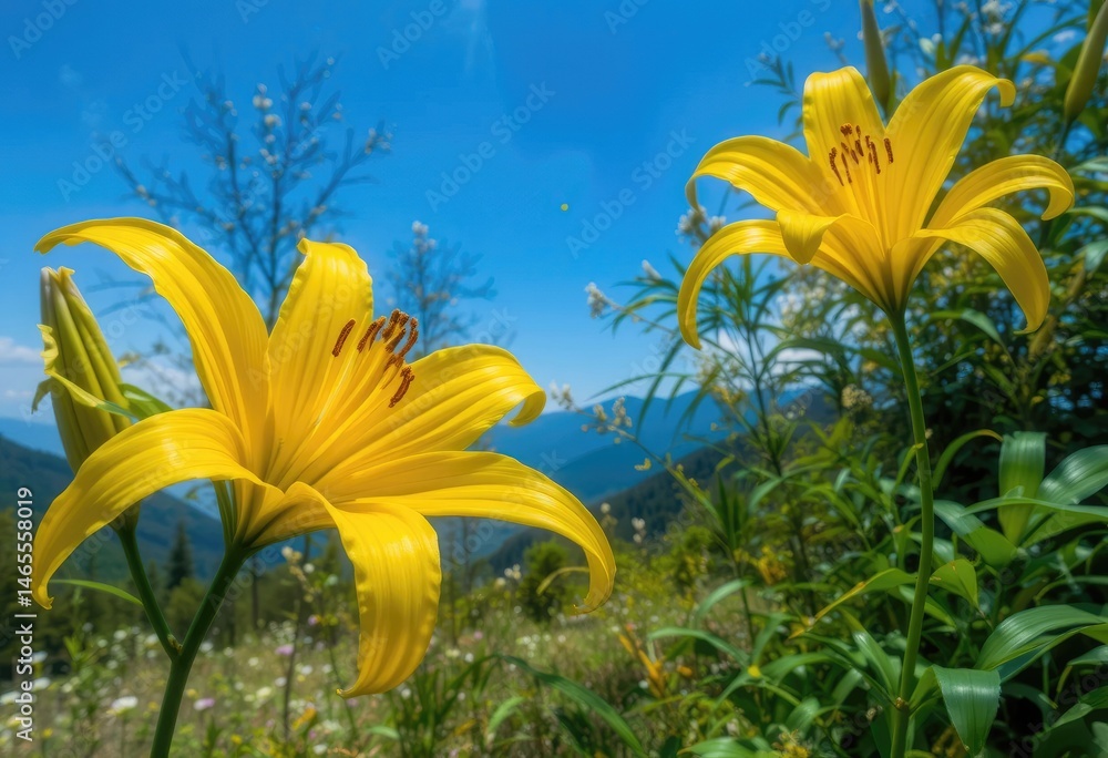 Vibrant Yellow Lilies Blooming in Mountain Landscape on Sunny Day
