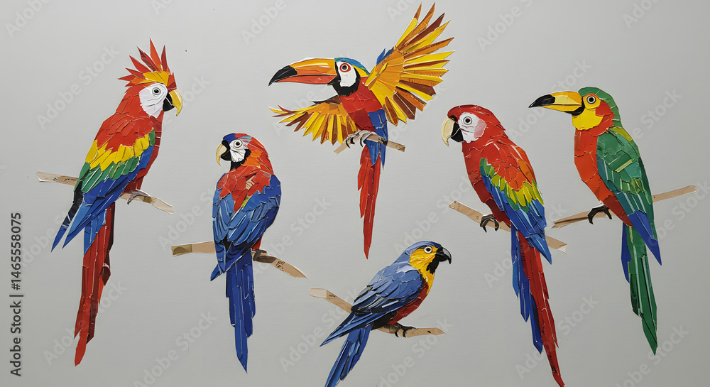 Obraz premium Vibrant tropical parrots crafted from colorful paper on branches