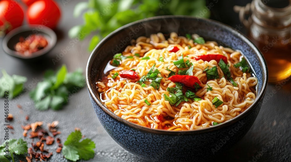 Delicious spicy instant ramen noodle soup in a black bowl with vegetables and chili peppers, served on a dark textured surface with fresh herbs and seasonings Delicious spicy instant ramen noodle soup in a black bowl with vegetables and chili peppers, served on a dark textured surface with fresh herbs and seasonings