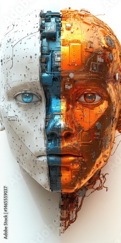 Wallpaper Mural Split face of a humanoid robot with white, blue, and orange sections, circuitry, artificial intelligence, future tech Torontodigital.ca