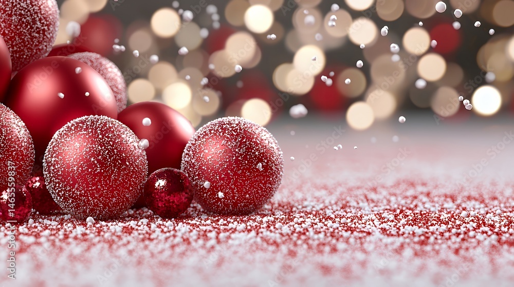 Red Ornaments with Snow and Bokeh Festive Christmas Background Red Ornaments with Snow and Bokeh Festive Christmas Background