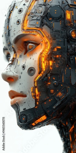 Wallpaper Mural Cybernetic Female Head Profile with Intricate Mechanical Details and Glowing Orange Accents on a White Background Torontodigital.ca