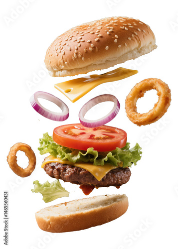 Juicy Burger with Cheese, Onions, and Crispy Onion Rings A Delicious Fast Food Meal