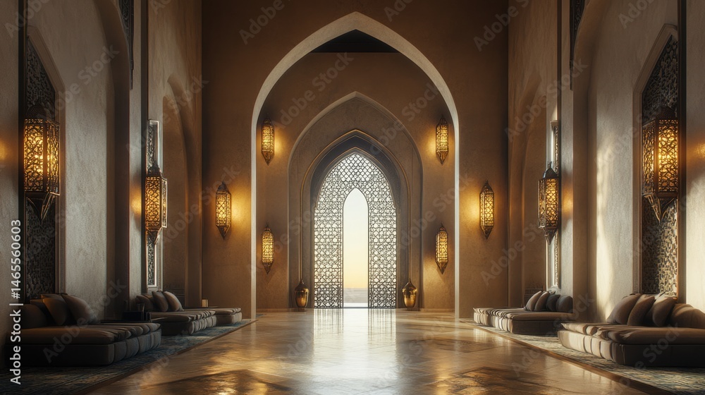 Obraz premium Serene Luxury Lounge: Arabian Archway Interior Design