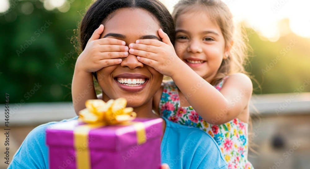 A young girl surprises her mother with a gift while covering her eyes in an outdoor setting with flowers