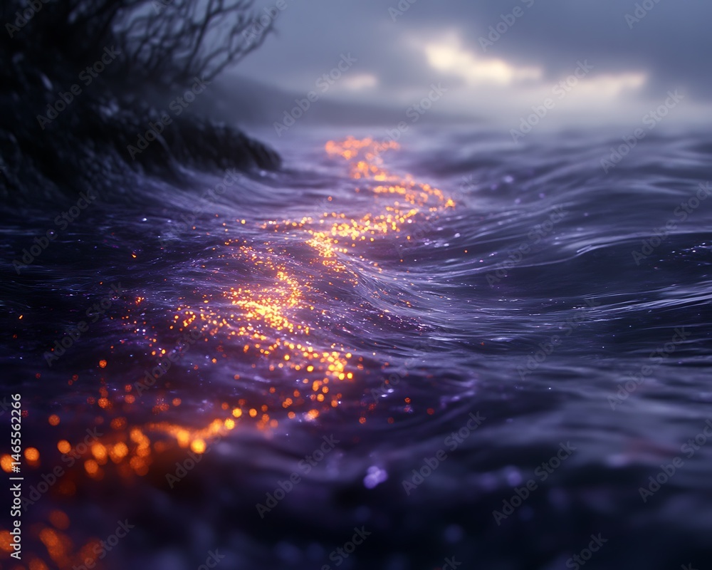 Fototapeta premium Sparkling, glowing waterline at twilight's edge.