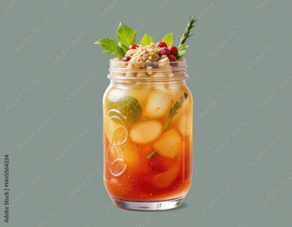 Delicious Layered Salad in Glass Jar with Tomatoes and Herbs