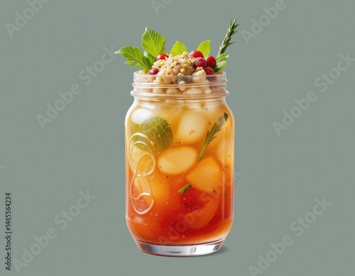 Obraz na płótnie Delicious Layered Salad in Glass Jar with Tomatoes and Herbs w salonie