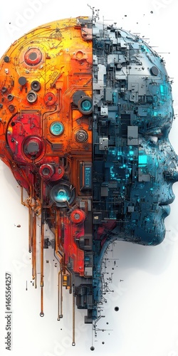 Wallpaper Mural Humanoid Head Depiction with Bionic Mechanical Detail, Divided into Warm Circuitry and Cool Robotic Composition Torontodigital.ca