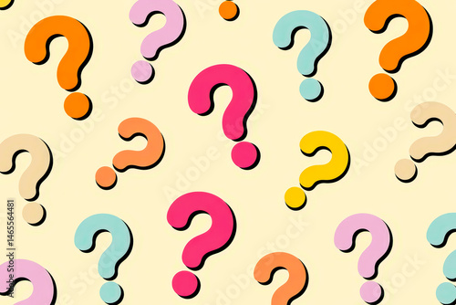 Colorful question marks on a light background.