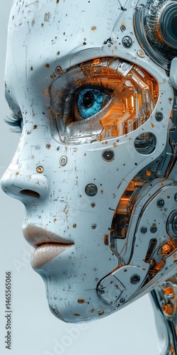 Wallpaper Mural Detailed facial close-up of a humanoid female robot, featuring intricate mechanics, circuits, a striking blue eye, and advanced technology Torontodigital.ca