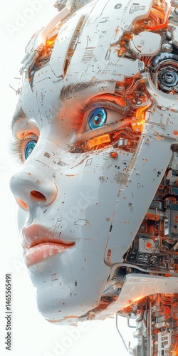Wallpaper Mural Close-up of a futuristic humanoid robot face with glowing blue eyes and exposed inner mechanical details, technology concept Torontodigital.ca