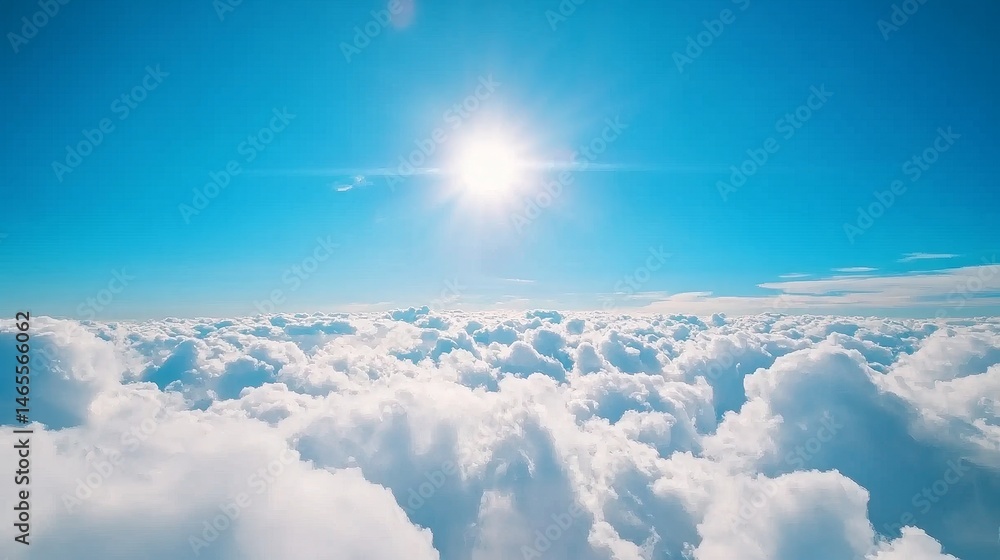 Naklejka premium Above the Clouds Two Blue Sky - Serene landscape, boundless freedom, heavenly view, peaceful atmosphere, majestic cloudscape. Symbolizing hope, tranquility, aspiration, limitless potential