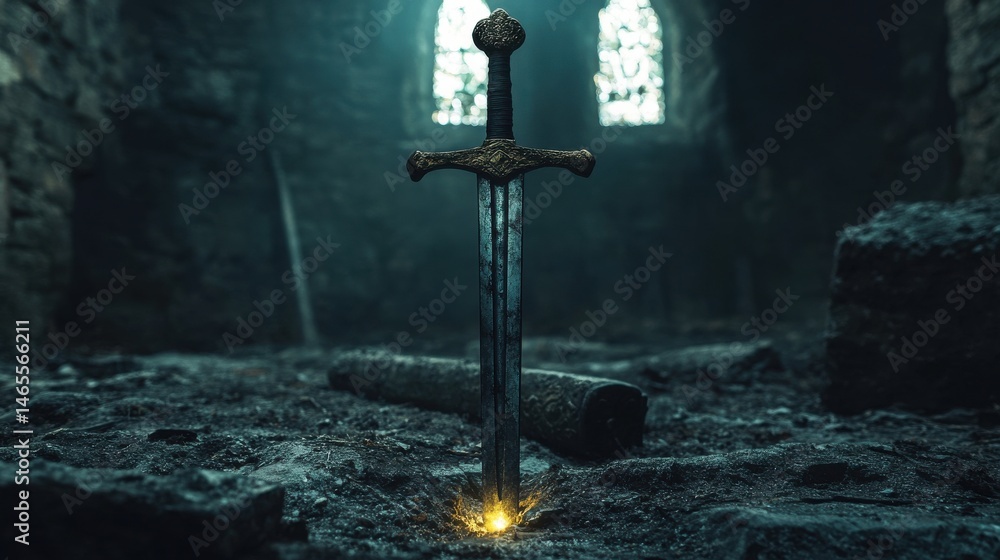 Naklejka premium A sword glowing faintly in the darkness of an abandoned crypt 