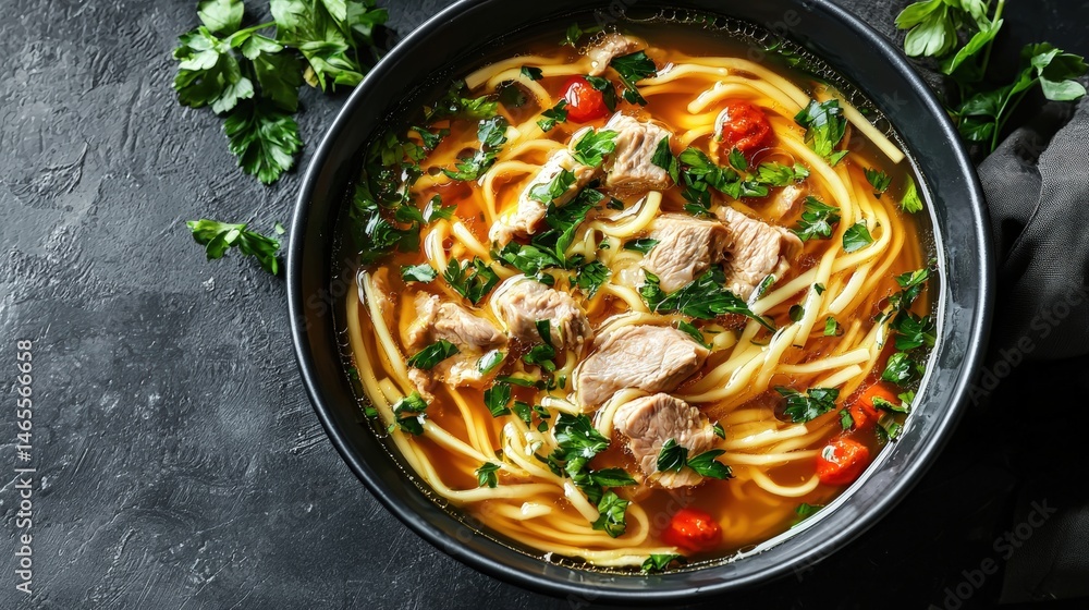 Delicious homemade chicken noodle soup with vegetables in a black bowl on dark textured surface with fresh herbs for warm comfort food Delicious homemade chicken noodle soup with vegetables in a black bowl on dark textured surface with fresh herbs for warm comfort food