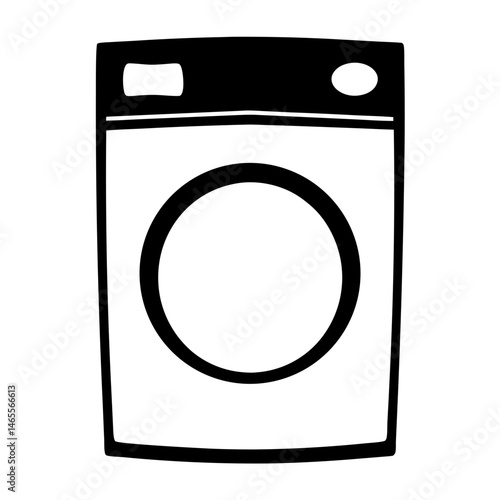 Black and white minimalist drawing of a front loading washing machine