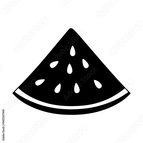 Simple black and white drawing of a triangular watermelon slice with seeds