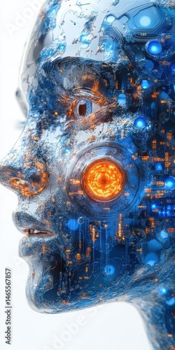 Wallpaper Mural Metallic Futuristic Head Profile with Intricate Circuitry and Glowing Eye, Abstract Face with Artificial Intelligence Elements Torontodigital.ca