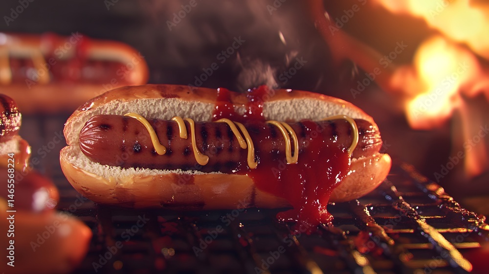 a realistic photo of grilled hot dogs with ketchup and mustard