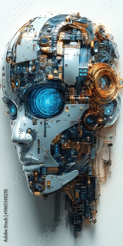 Wallpaper Mural Complex Robot Head with Visible Internal Mechanical Structure and Artificial Intelligence Eyes, Futuristic Bionic Face Torontodigital.ca
