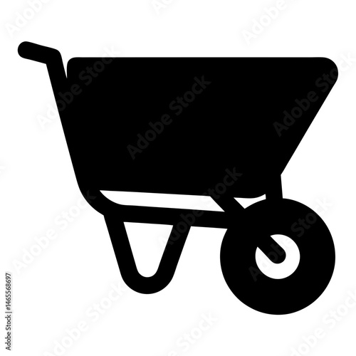 Simple black and white illustration of a wheelbarrow, a gardening tool