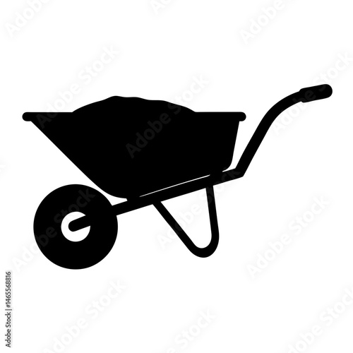 Black silhouette of a wheelbarrow filled with soil or dirt for landscaping