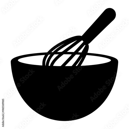 Black bowl with a black whisk resting inside in a graphic style