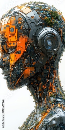 Wallpaper Mural Humanoid Robot Head Side Profile with Intricate Mechanical and Botanical Elements on a Light Background Torontodigital.ca
