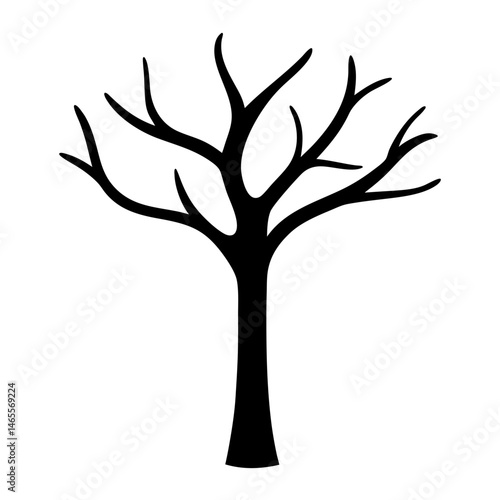 A solitary black tree silhouette against a stark white background art graphic